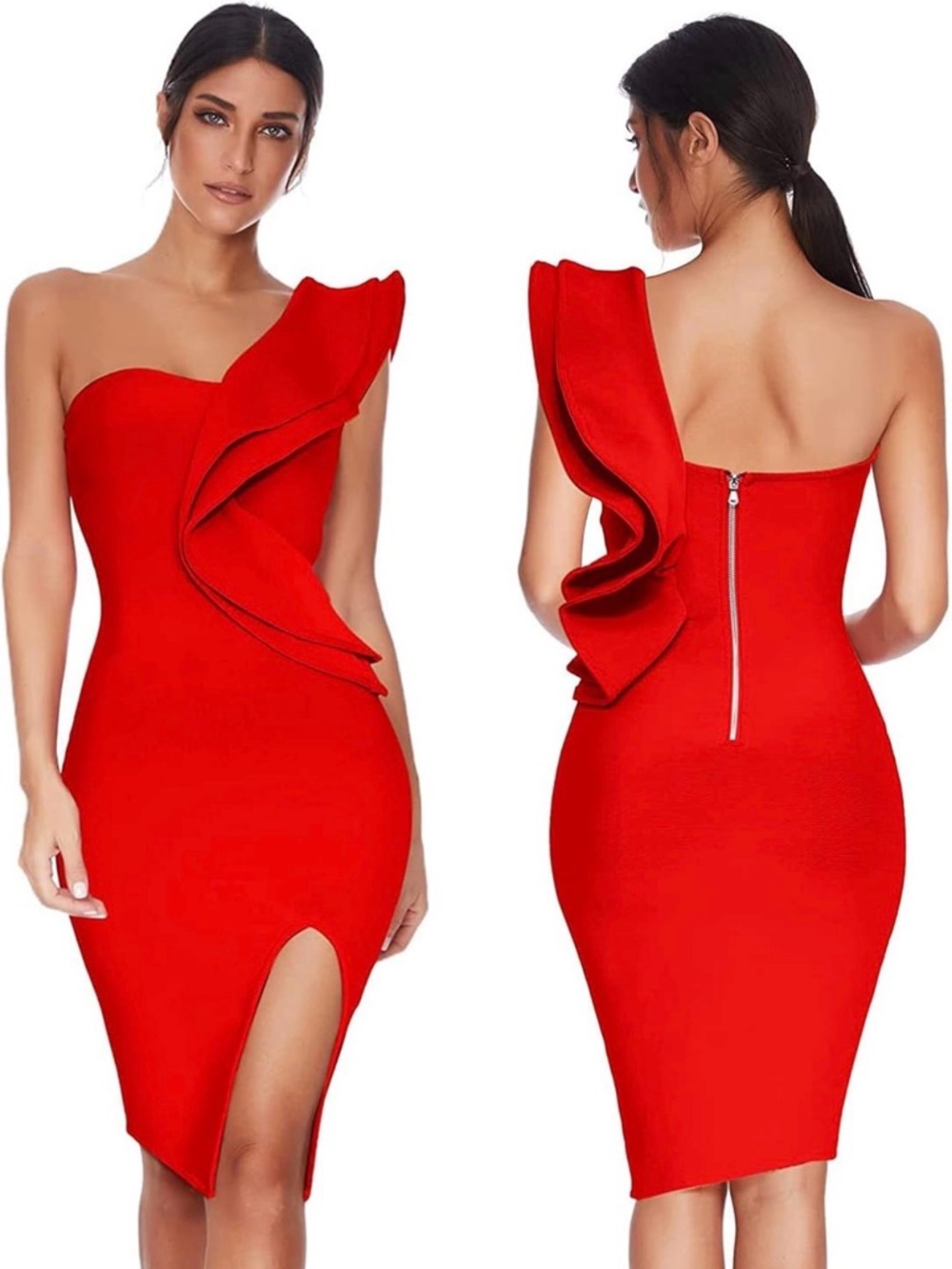 One Shoulder Bandage Dress Ruffle Formal Cocktail Bodycon M